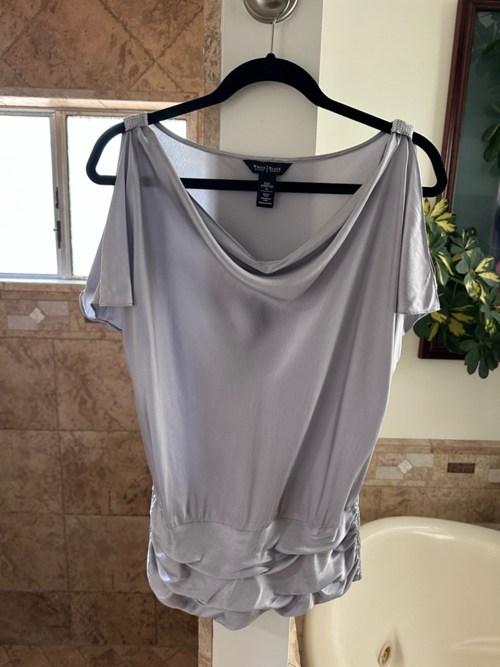 WHBM White House Black Market Sterling Silver Draped Neck Ruched Banded Blouse - Picture 8 of 8
